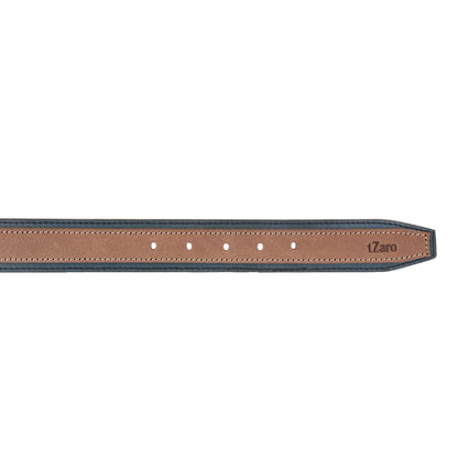 Tan and blue leather twin color belt strap flat lay tip detail – TZARO