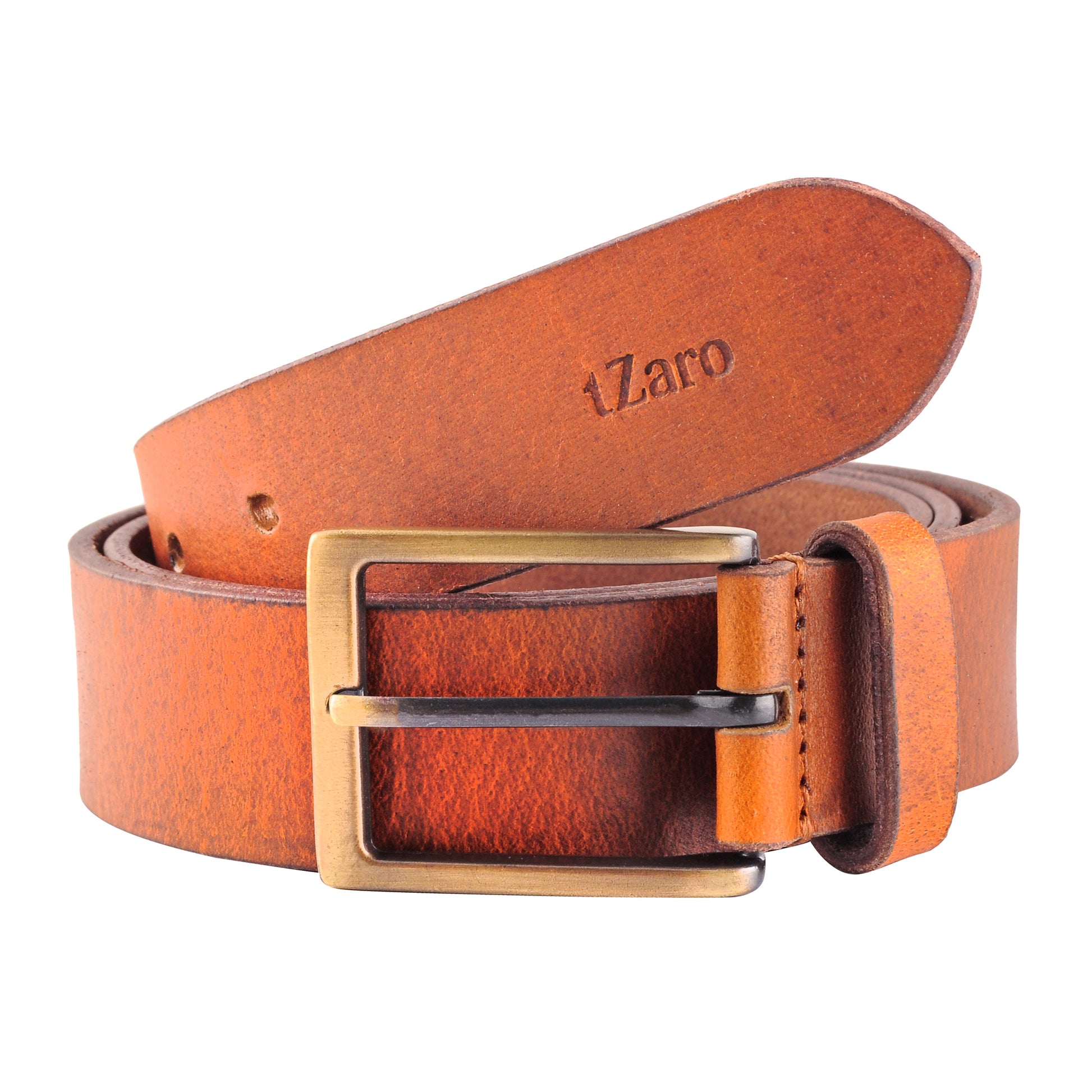 Tan oil pull-up genuine leather belt antique brass buckle front view – TZARO
