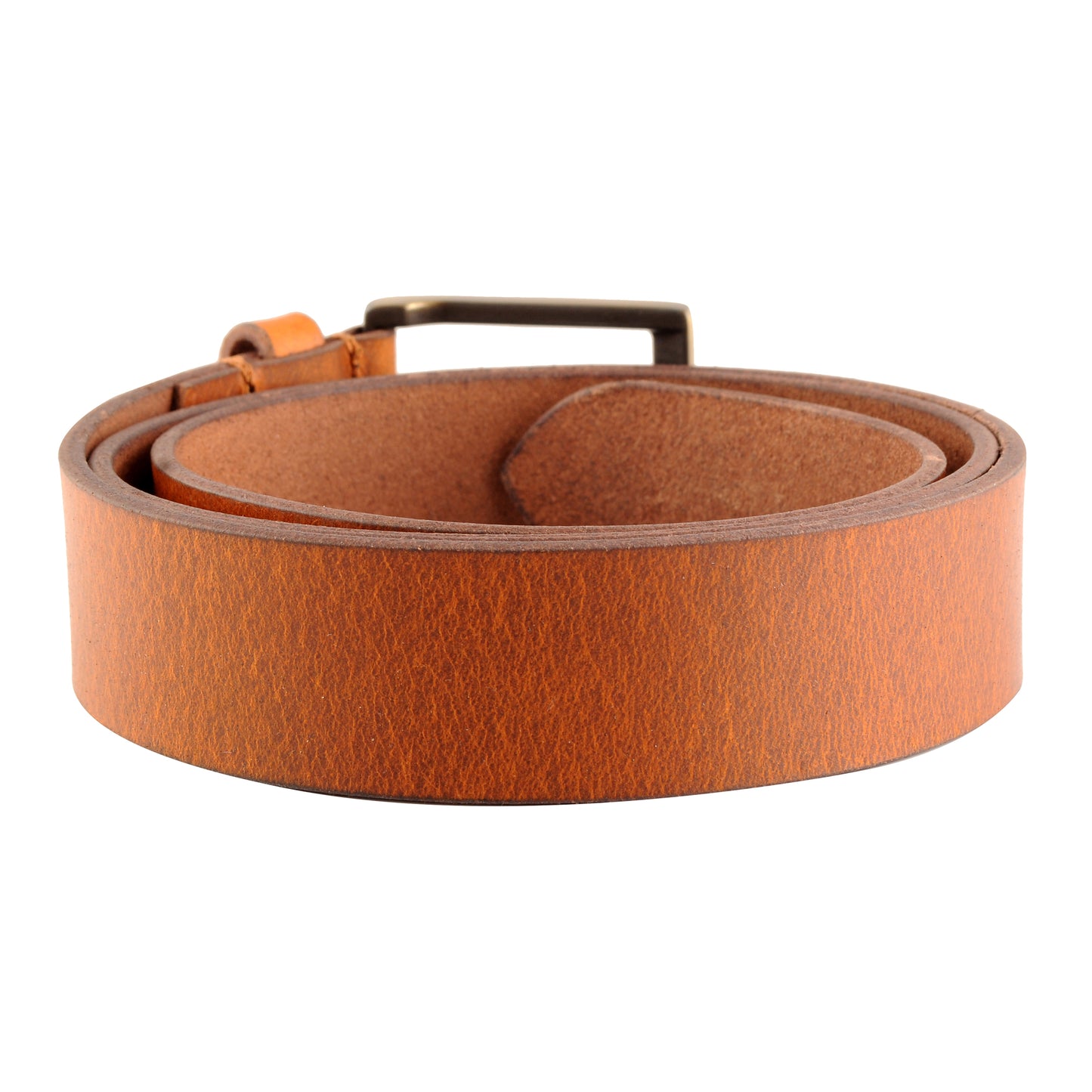Tan oil pull-up leather belt coiled top view antique brass buckle – TZARO