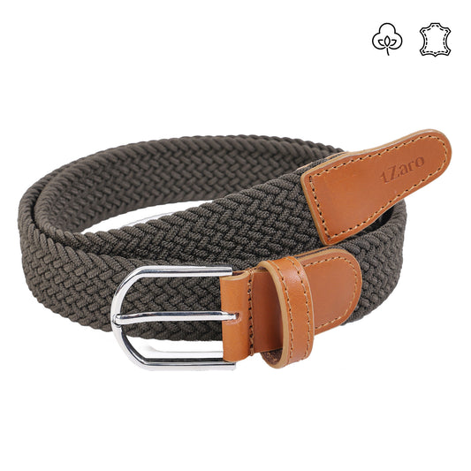 Olive green woven stretch belt genuine leather ends nickel buckle coiled view – TZARO