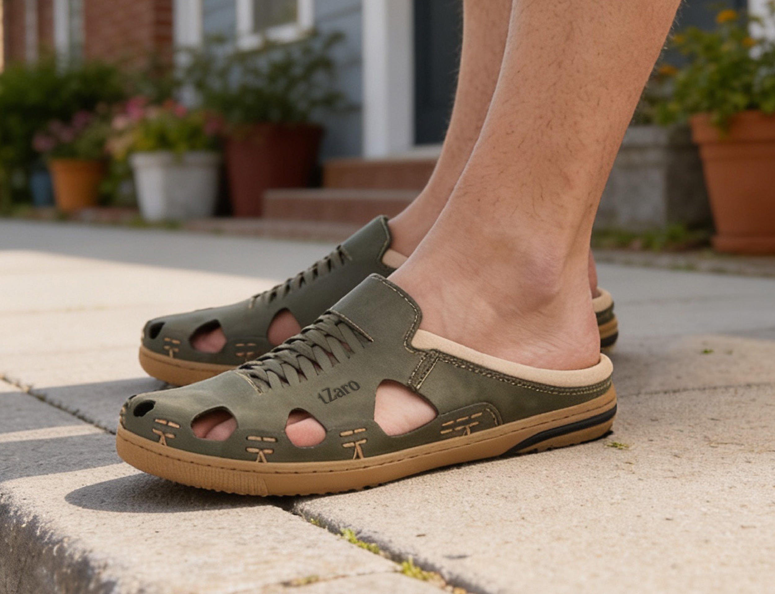 Olive Nubuck Leather Mule | True Moccasin | TZARO Hector Series