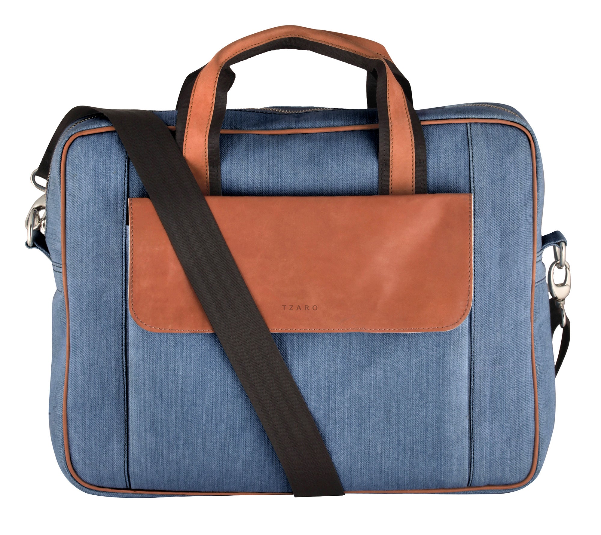 Denim & Natural Leather Laptop Bag |  JUSTIN.Blue