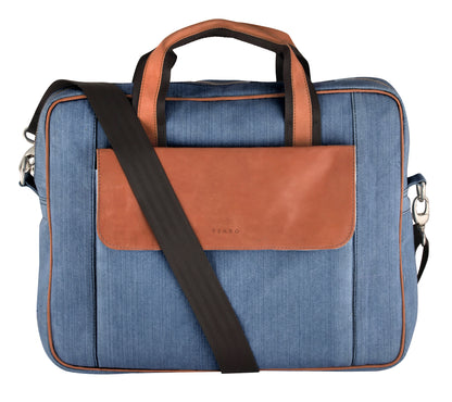 Denim & Natural Leather Laptop Bag |  JUSTIN.Blue
