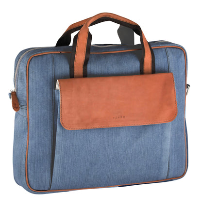 Denim & Natural Leather Laptop Bag |  JUSTIN.Blue