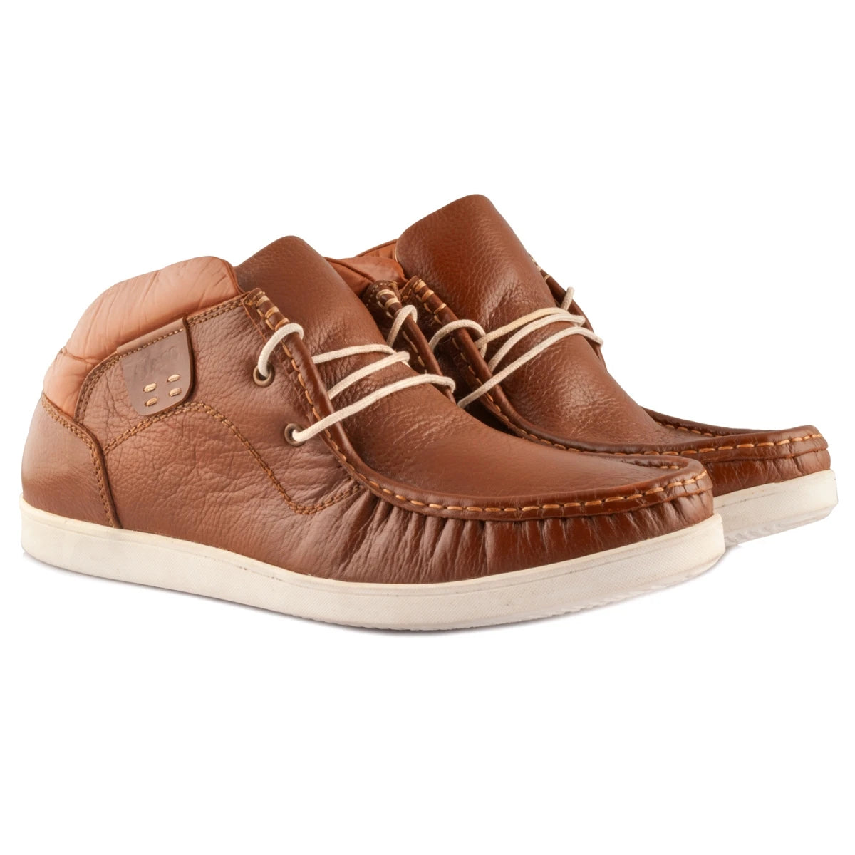 Bismark - Pure Leather Low Ankle Moccasin Men's Boot in Two-Tone Tan| NDM Leather Boot with White Rubber Sole | LIV0506TAN