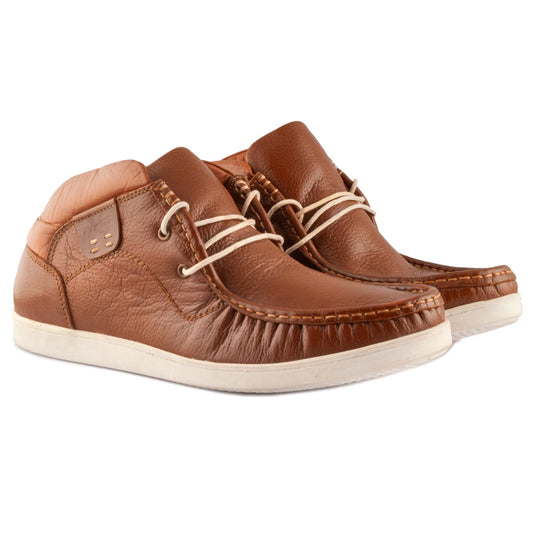 Tan leather moccasin low ankle boots side profile showing white rubber sole and collar detail – TZARO Bismark LIV0506TAN