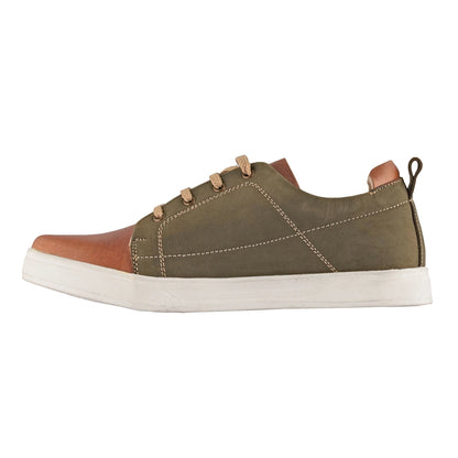 Pure Leather, Olive & Tan Color Leather Sneakers - Optimus, OPT303OLVTAN