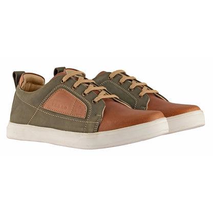 Pure Leather, Olive & Tan Color Leather Sneakers - Optimus, OPT303OLVTAN