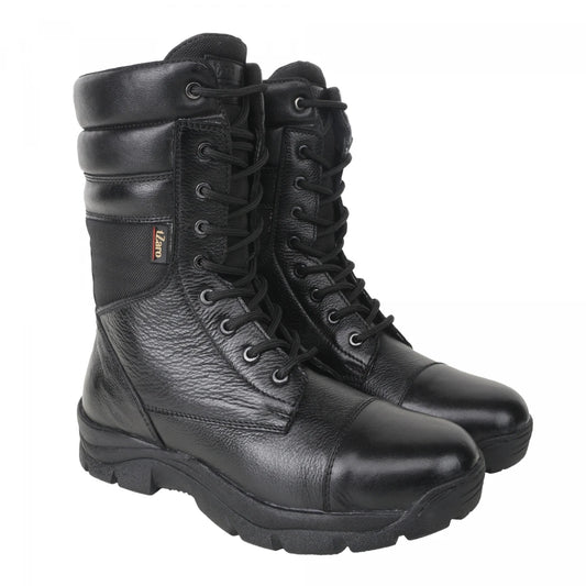 Black leather naval tactical boot, close-up side view showing mixed leather panel construction