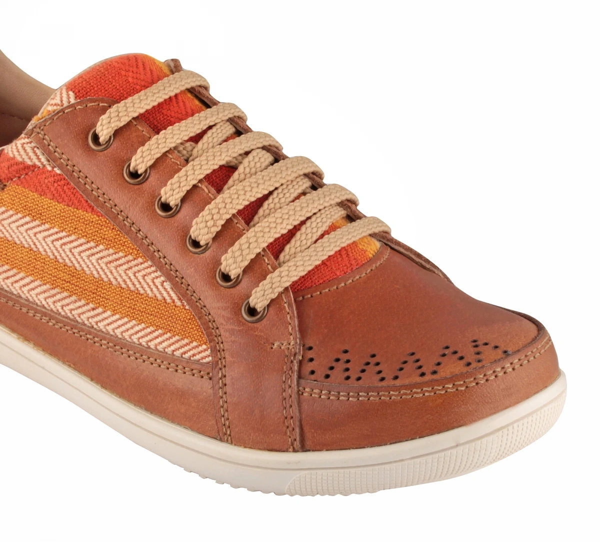Pure Leather Sneakers with a Touch of Handloom - Loom (Tan) , RON4134FABTAN