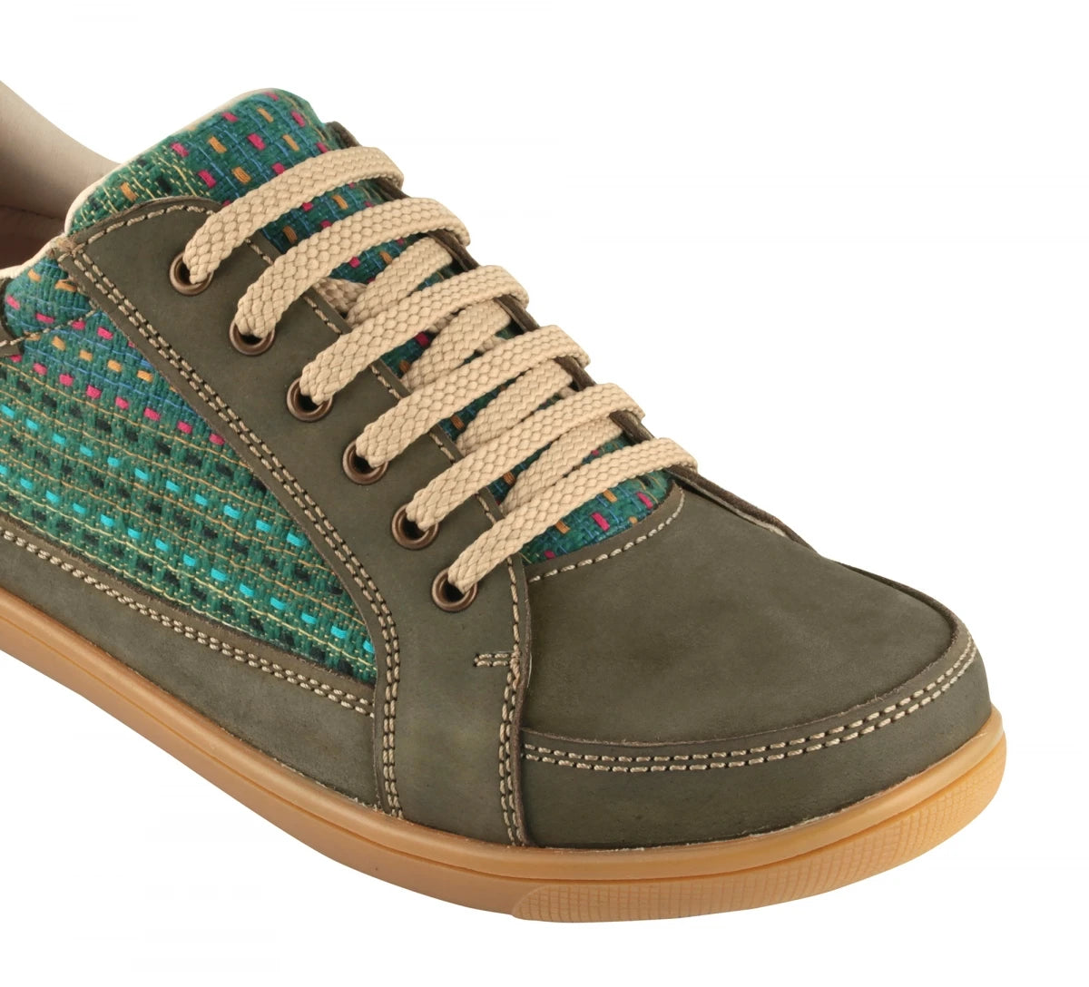 Pure Leather Sneakers with a Touch of Handloom - Loom (Olive Green), RON4145FABOLV