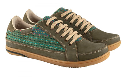 Pure Leather Sneakers with a Touch of Handloom - Loom (Olive Green), RON4145FABOLV