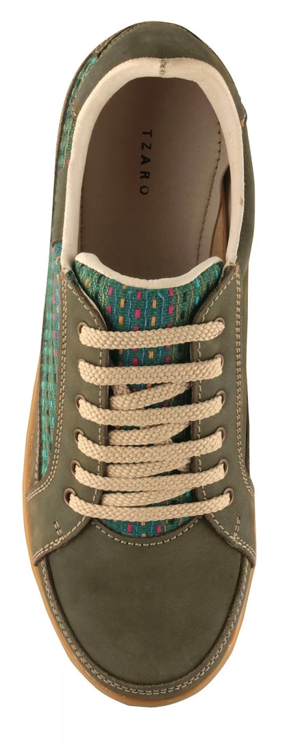 Pure Leather Sneakers with a Touch of Handloom - Loom (Olive Green), RON4145FABOLV