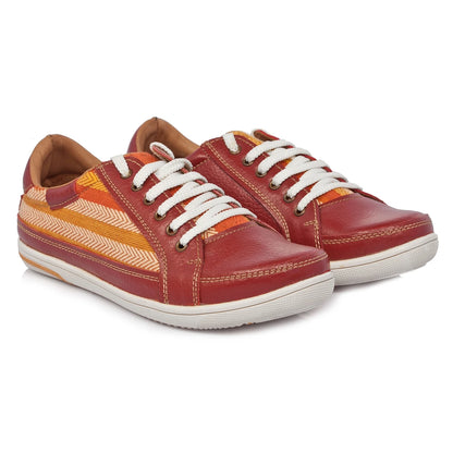 Pure Leather Sneakers with a Touch of Handloom - Loom (Red) , RON4155FABBUR