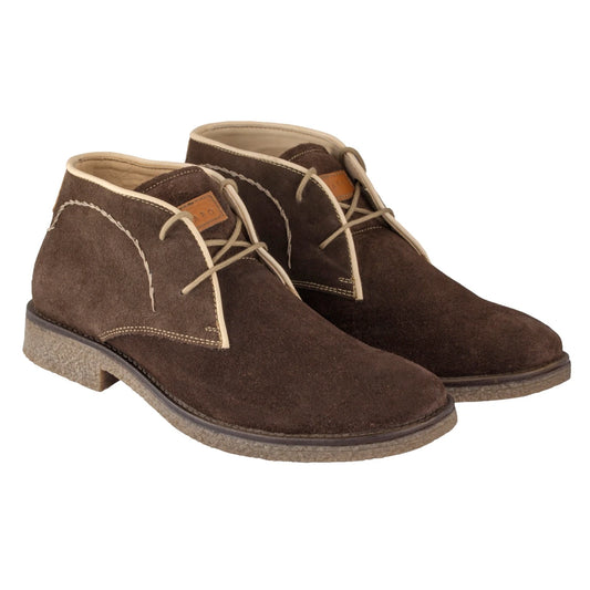 Dark chocolate brown suede chukka boots side profile showing crepe finish TPR sole and tan collar – TZARO