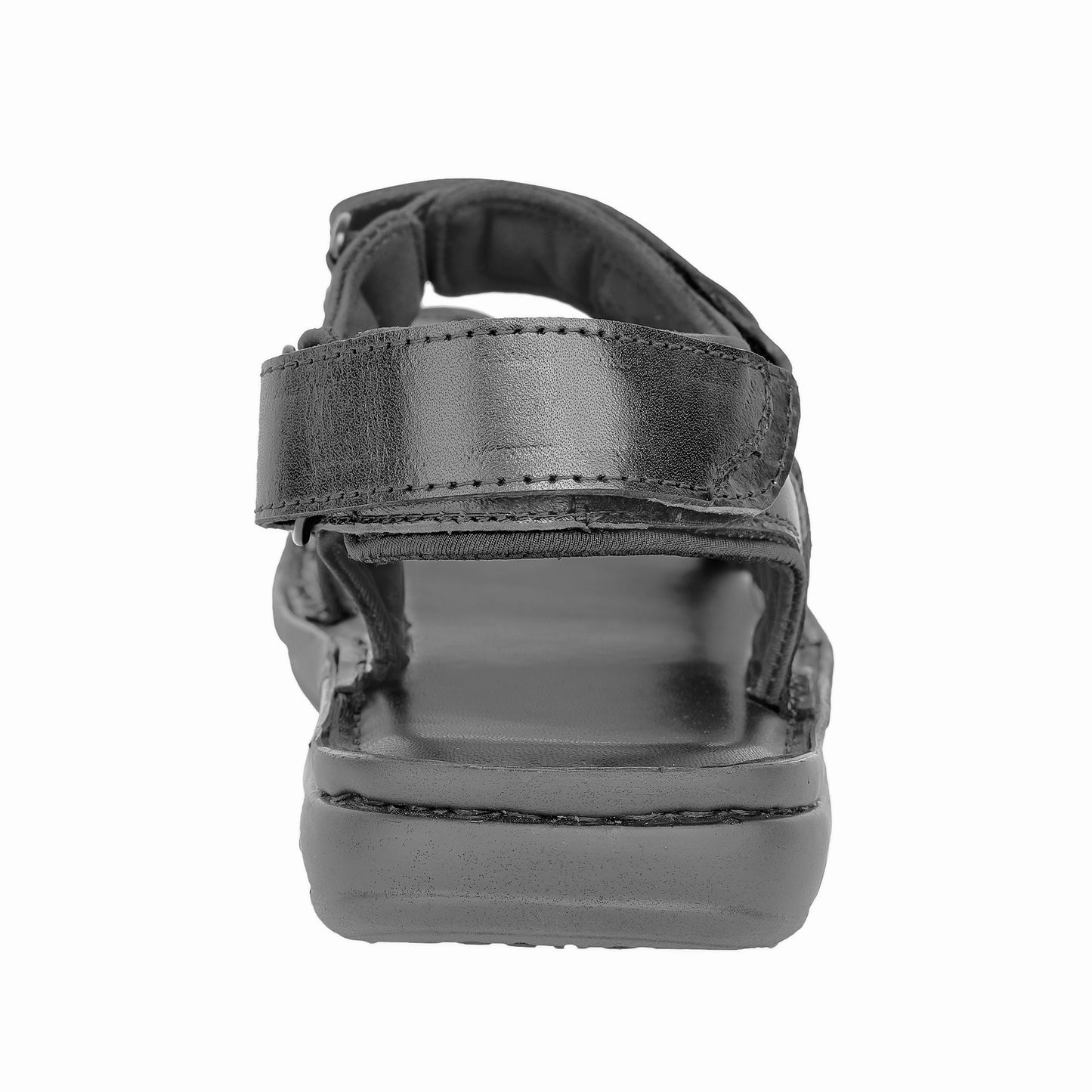 Men's black leather sandals heel view stitch down construction grip sole