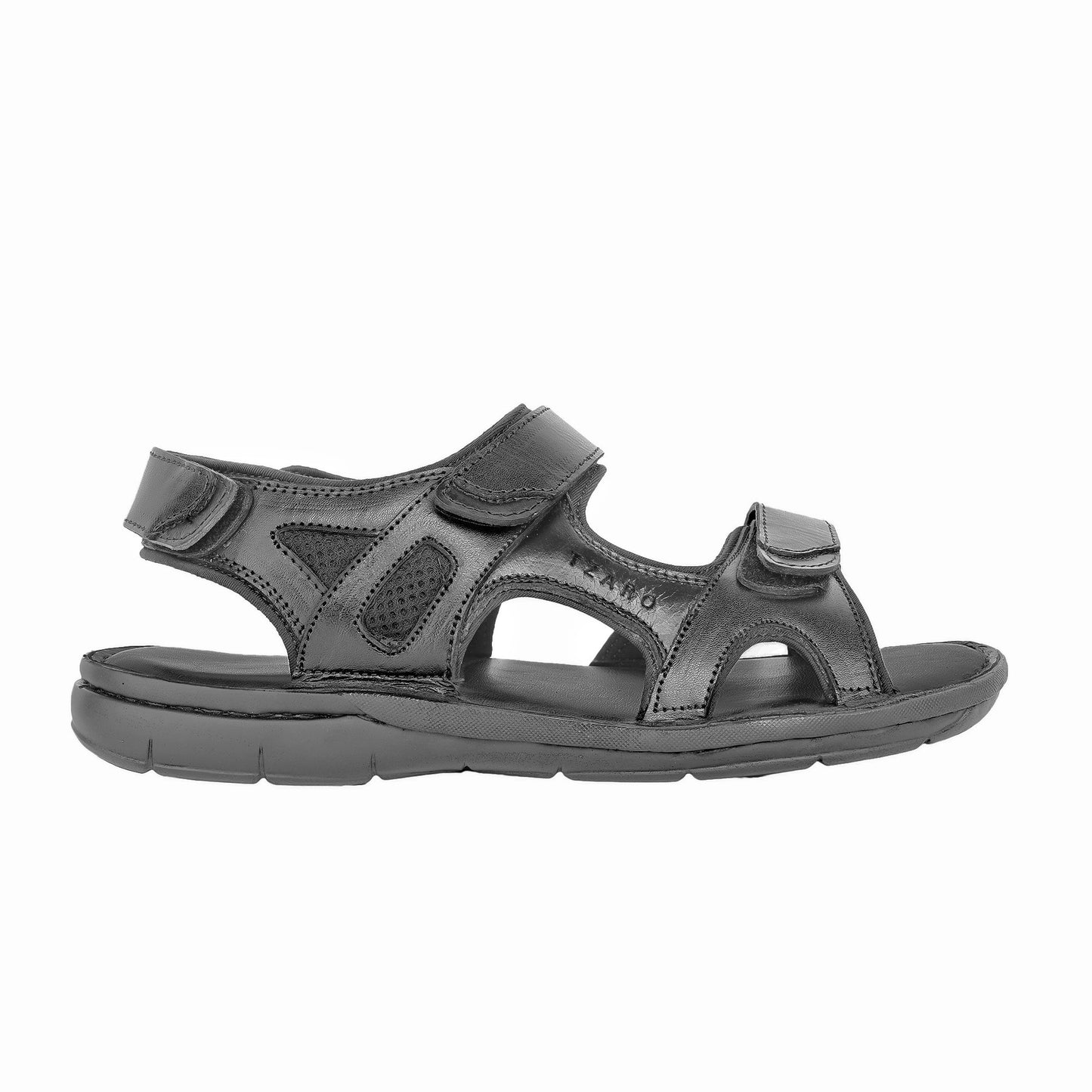 Men's black leather sandals back angled view velcro strap polyurethane sole