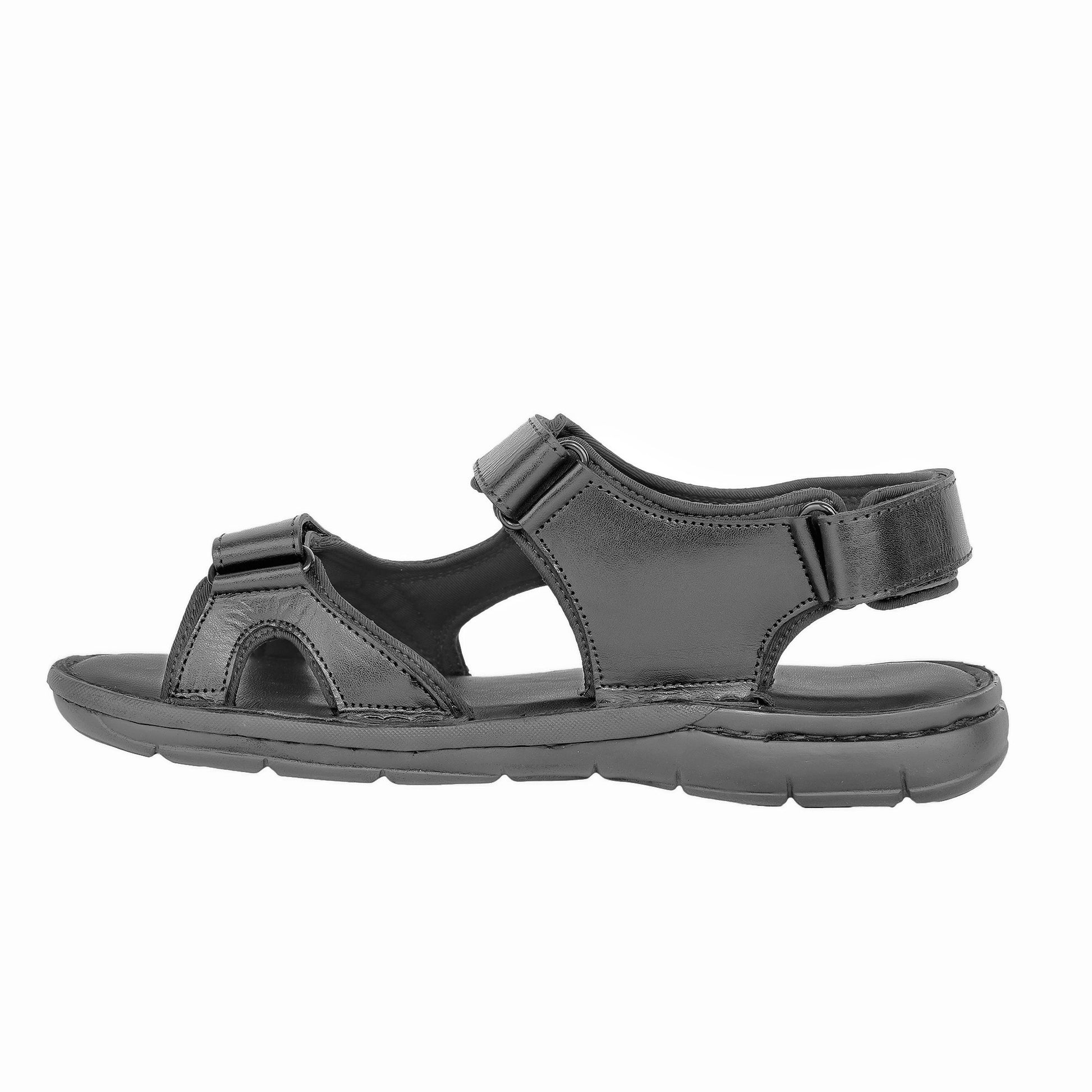 Men's black genuine leather sandals front view double strap velcro casual