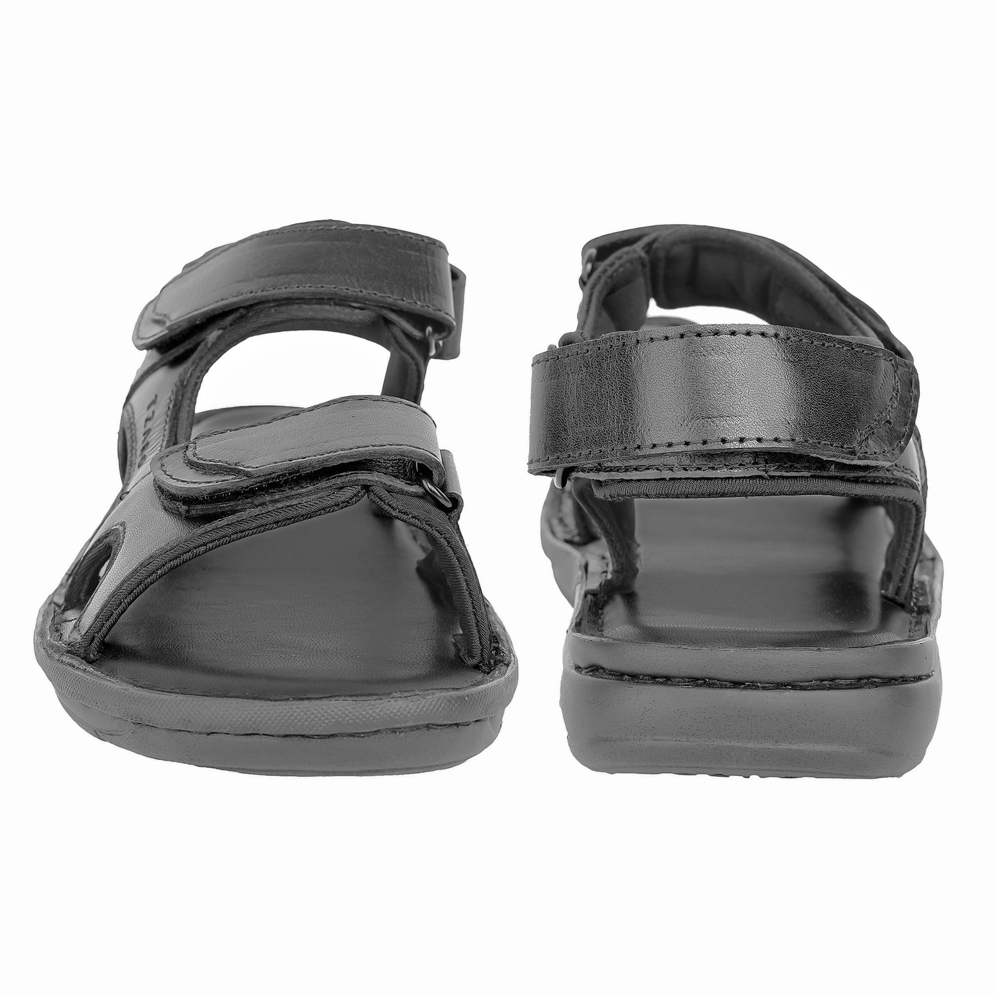 Men's black leather sandals back pair view adjustable velcro strap