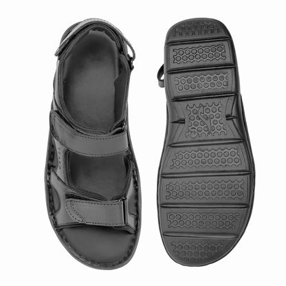 Men's black genuine leather sandals top view adjustable strap casual wear