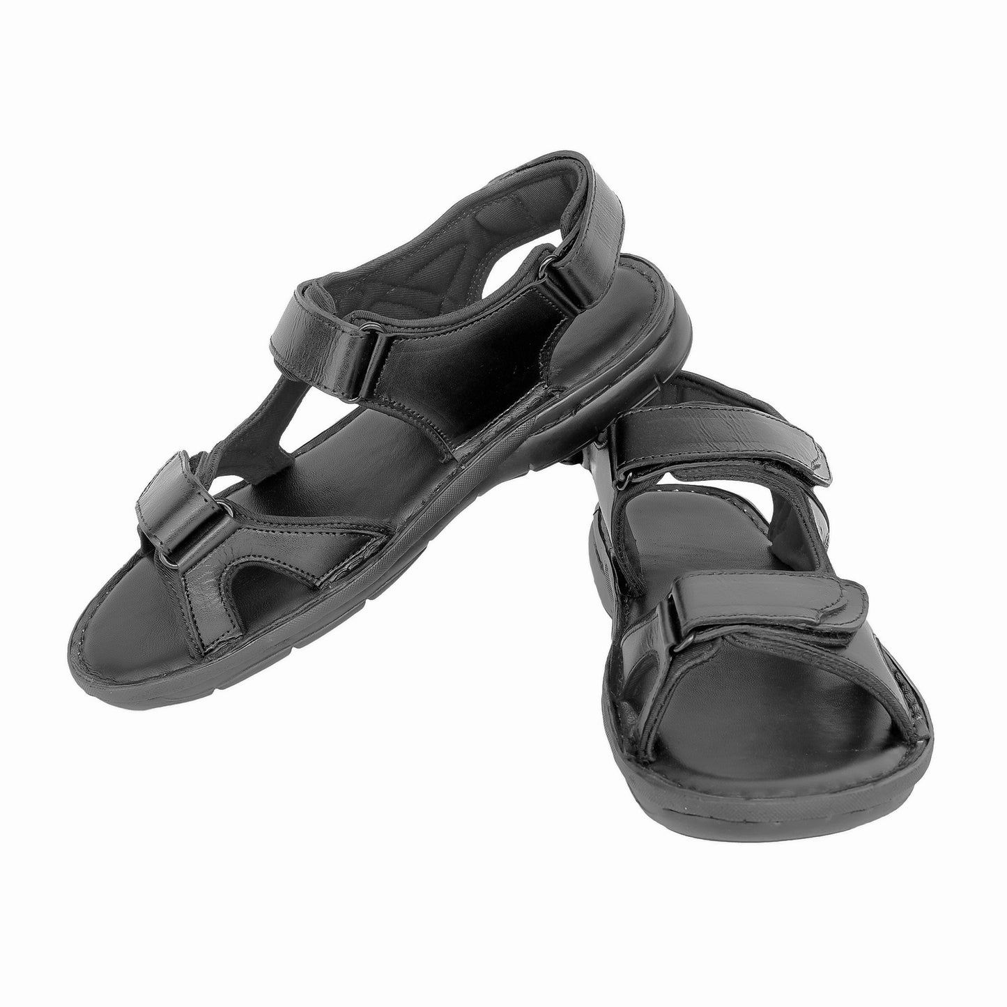 Men's black genuine leather sandals angled pair view casual everyday wear