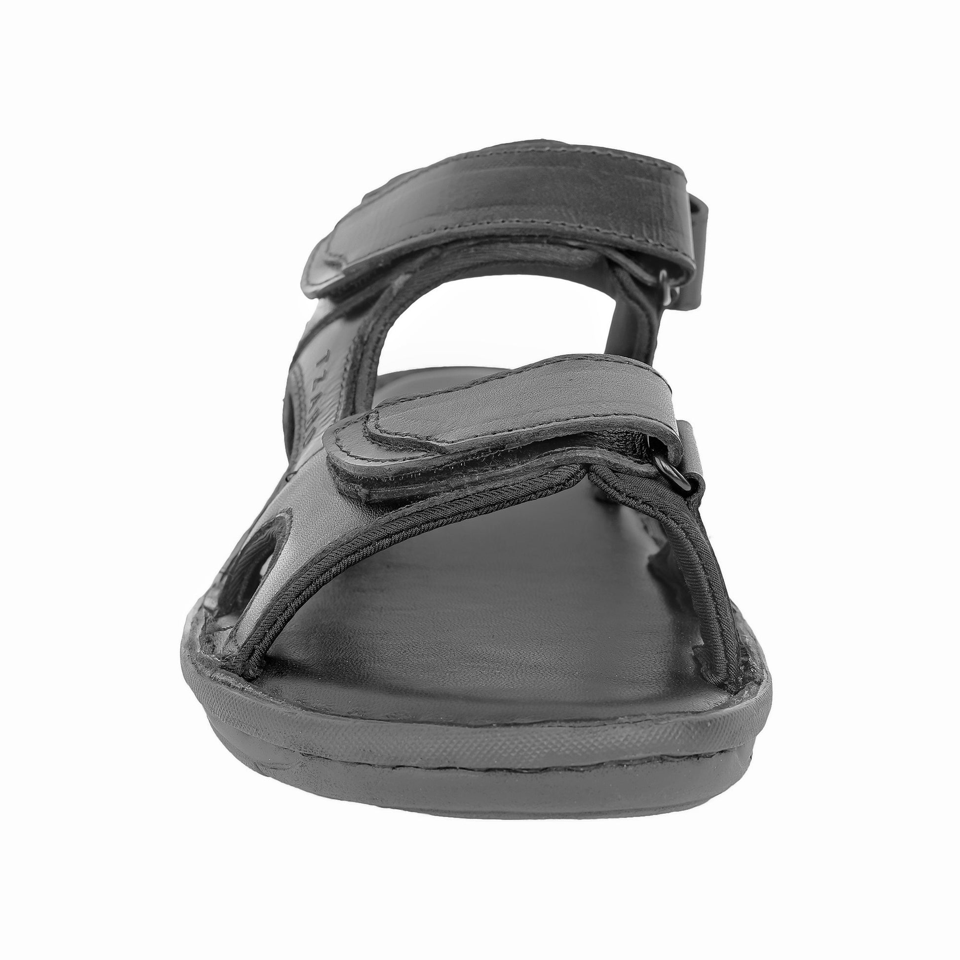 Men's black genuine leather sandals front view memory foam cushioned footbed