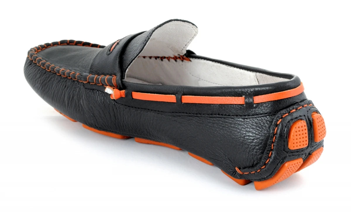 TZARO Genuine Leather Black & Orange Driving Shoes - STN2321BLKOSC
