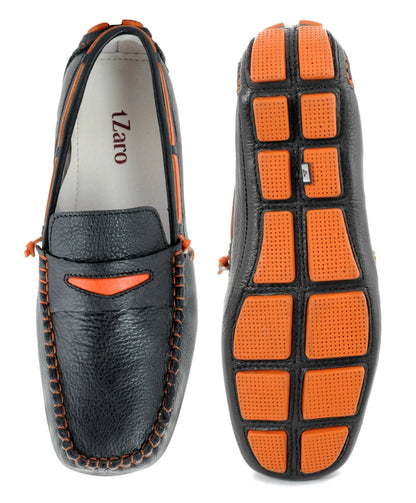 TZARO Genuine Leather Black & Orange Driving Shoes - STN2321BLKOSC