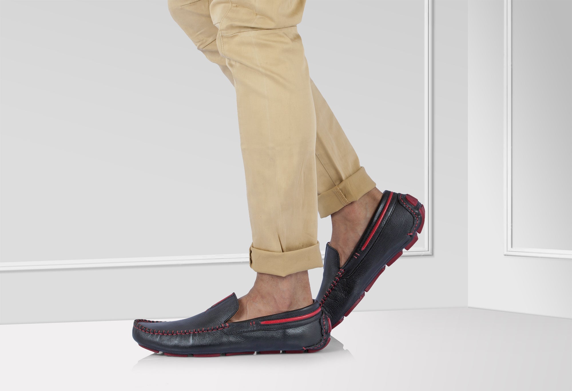TZARO Genuine Leather Driving Shoes — Black | Red Piping | Red Sole | True Moccasin | STN2324STN2324REDPIP - Showcase Image 1