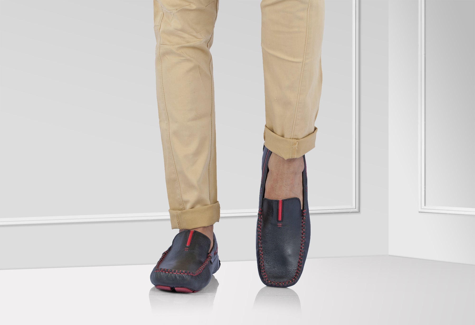 TZARO Genuine Leather Driving Shoes — Black | Red Piping | Red Sole | True Moccasin | STN2324STN2324REDPIP - Showcase Image 2