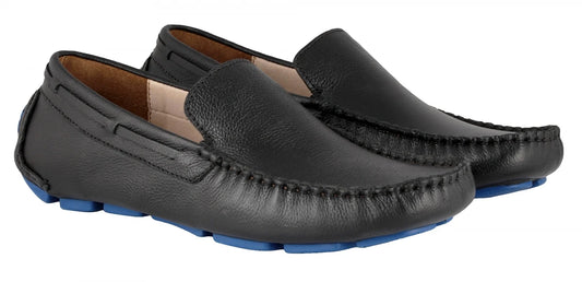 Black leather driving shoes, three-quarter rear angled view showing electric blue sole and heel detail
