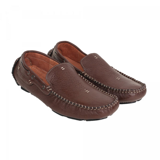 Dark chocolate brown pebbled leather driving shoes, three-quarter front angled view showing pebbled texture and eyelet detail