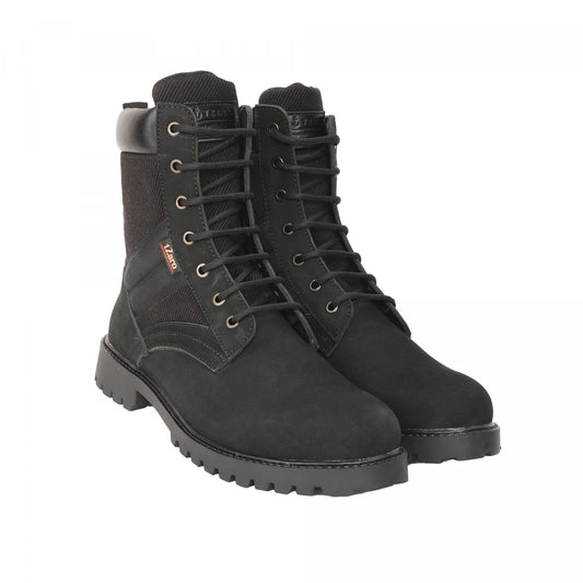 Black nubuck high-ankle boot, three-quarter front angled view showing canvas and leather panel construction