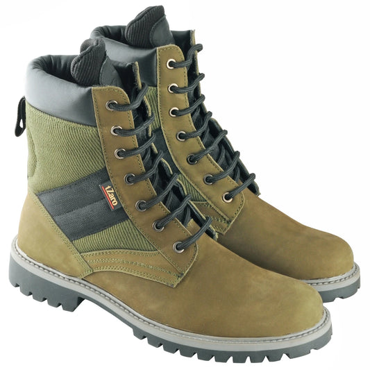 Olive nubuck and canvas high-ankle boot, pair side-by-side angled view