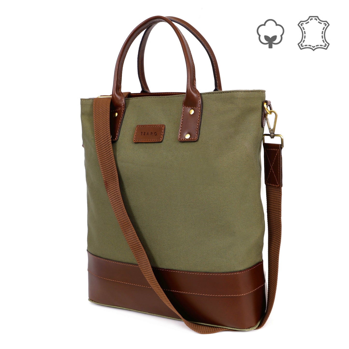 Olive Green Canvas & Pure Leather Tote Bag for Men | TZARO - TZAMBRO714