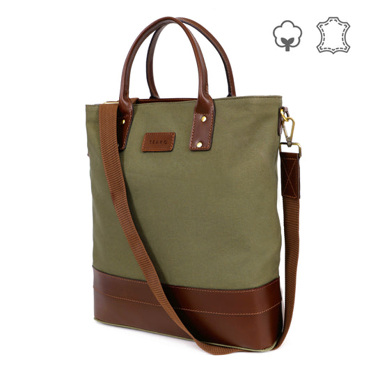 Olive Green Canvas & Pure Leather Tote Bag for Men | TZARO - TZAMBRO714