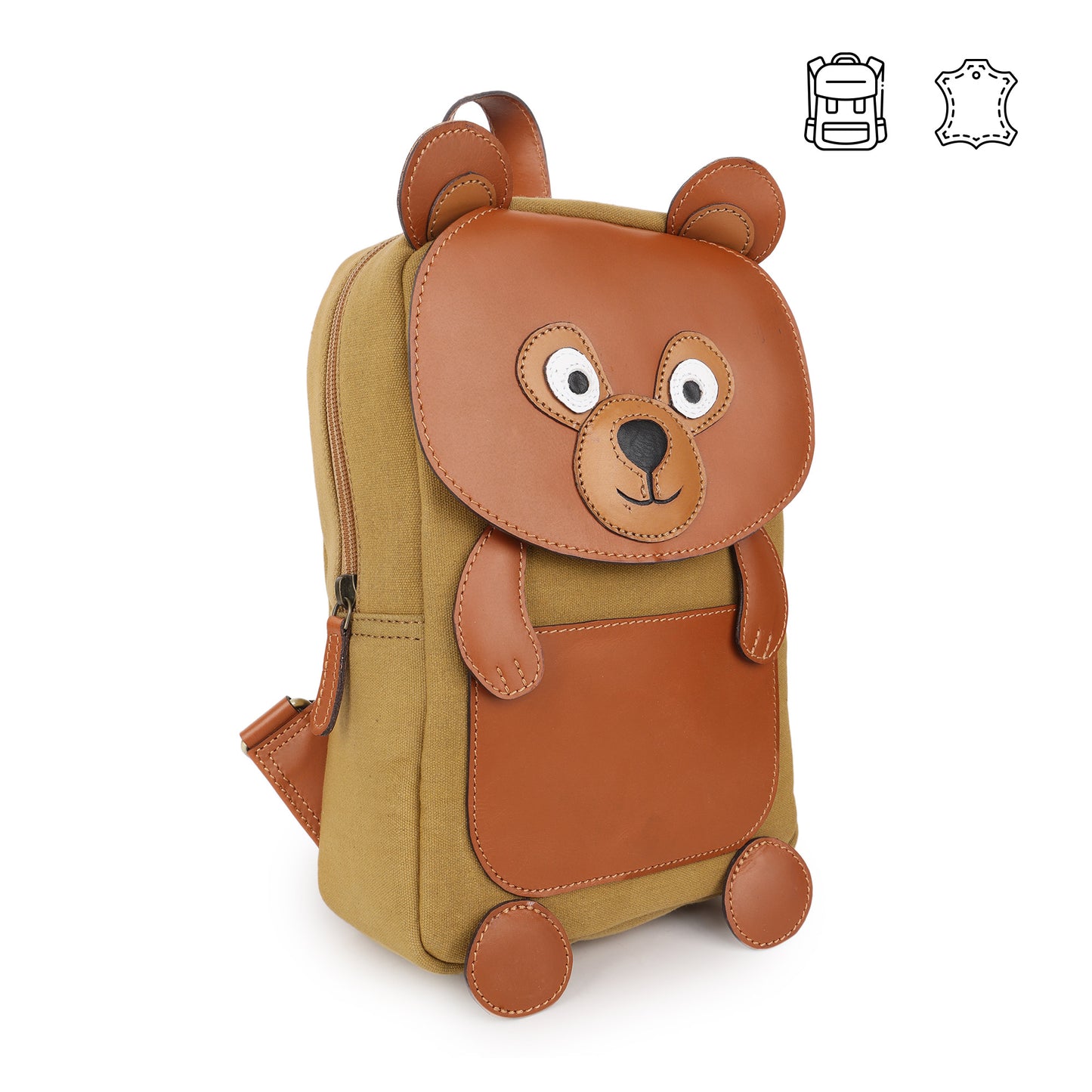 Tan Genuine Leather & Canvas Kids' Bear Backpack | TZARO - ZBERCNL701
