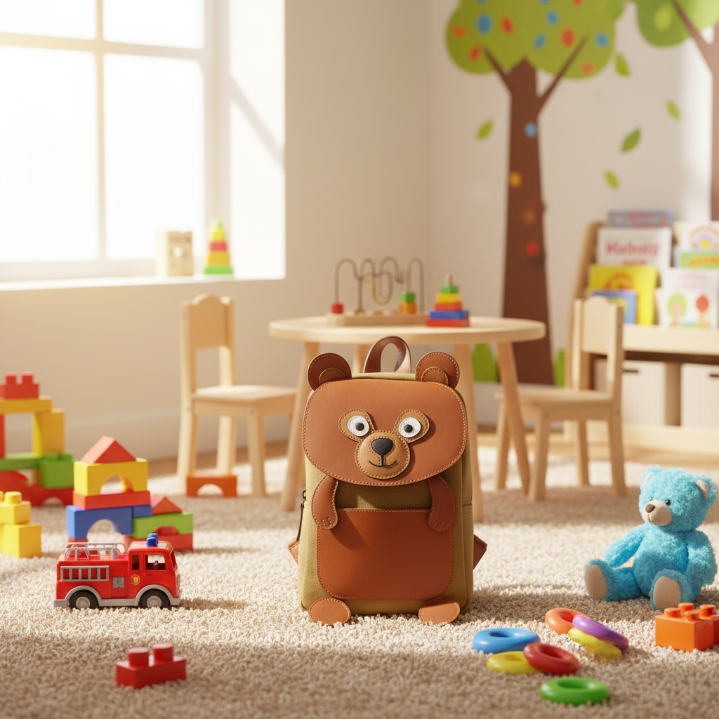 Tan Genuine Leather & Canvas Kids' Bear Backpack | TZARO - ZBERCNL701