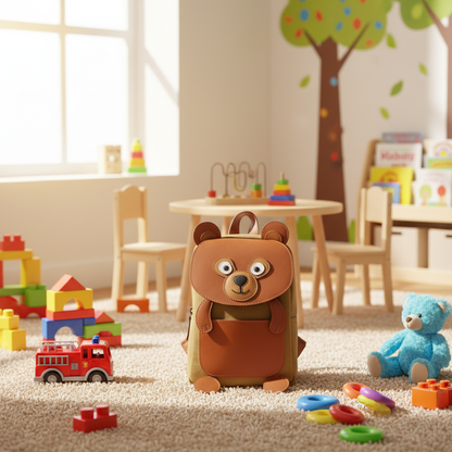 Tan Genuine Leather & Canvas Kids' Bear Backpack | TZARO - ZBERCNL701