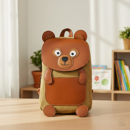 Tan Genuine Leather & Canvas Kids' Bear Backpack | TZARO - ZBERCNL701