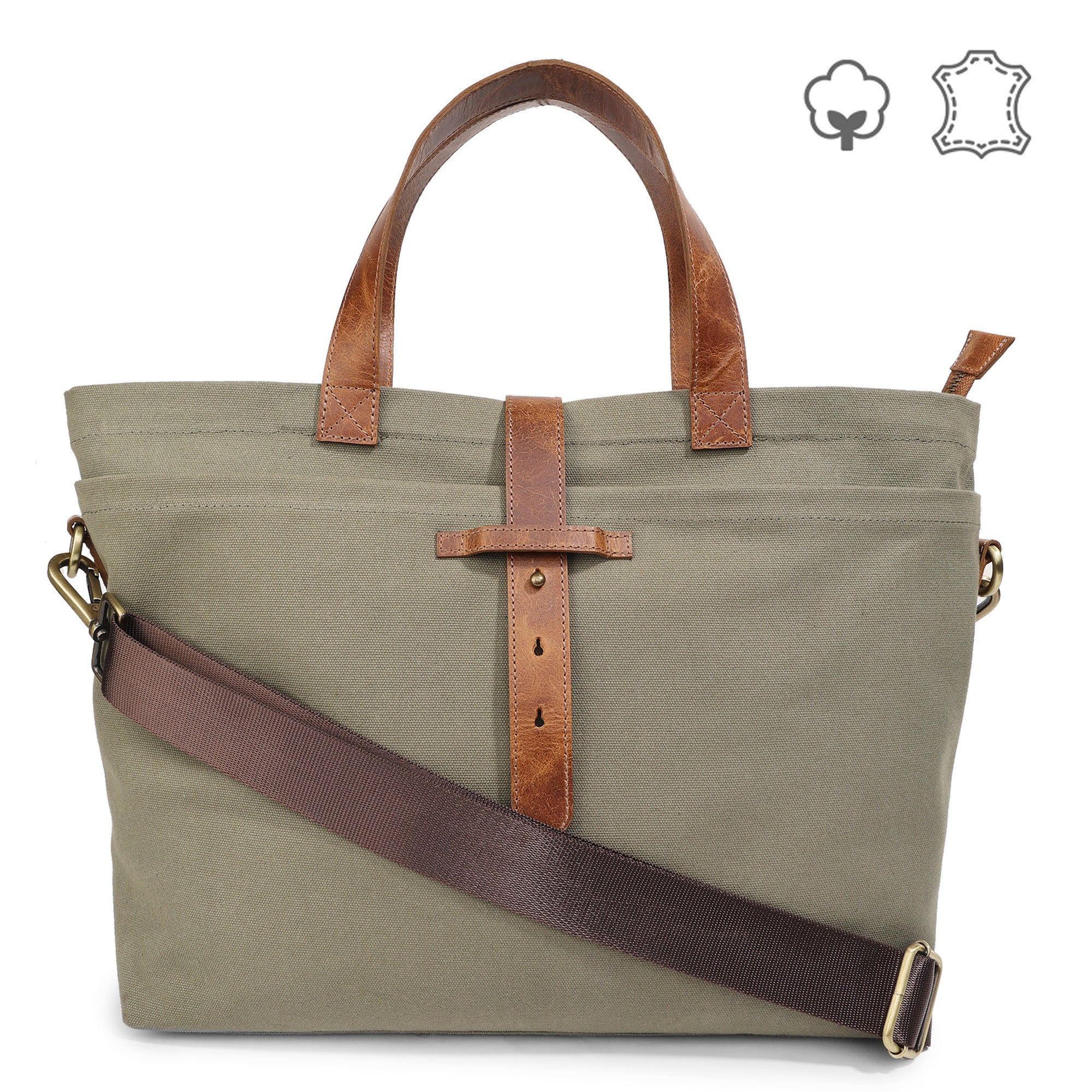 Olive Canvas Tote Bag for Men with Leather Handles & Sling Strap | TRAVELAM | TZCNLTH570
