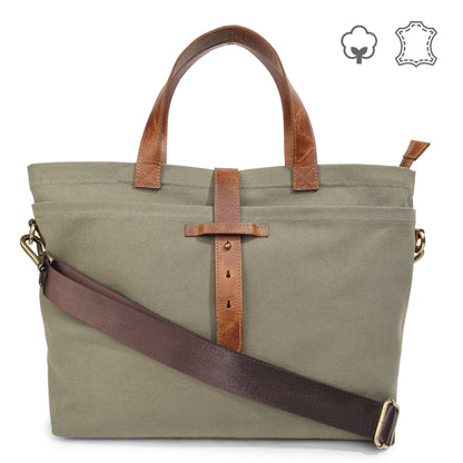 Olive Canvas Tote Bag for Men with Leather Handles & Sling Strap | TZARO - TZCNLTH570