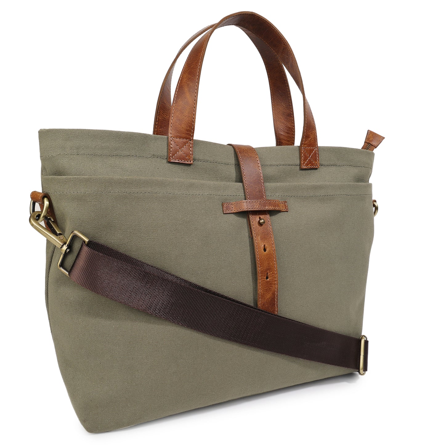 Olive Canvas Tote Bag for Men with Leather Handles & Sling Strap | TZARO - TZCNLTH570