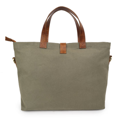 Olive Canvas Tote Bag for Men with Leather Handles & Sling Strap | TZARO - TZCNLTH570