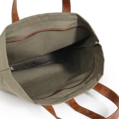 Olive Canvas Tote Bag for Men with Leather Handles & Sling Strap | TZARO - TZCNLTH570