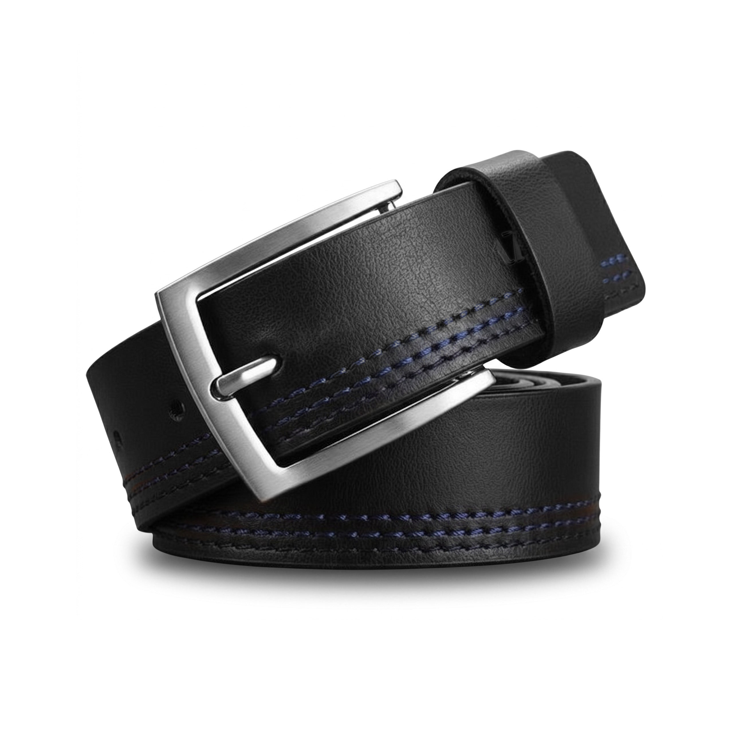 TRIPU : Black Soft Harness Leather Belt — Navy Blue Stitch, Nickel Buckle | TZGLTRIP577