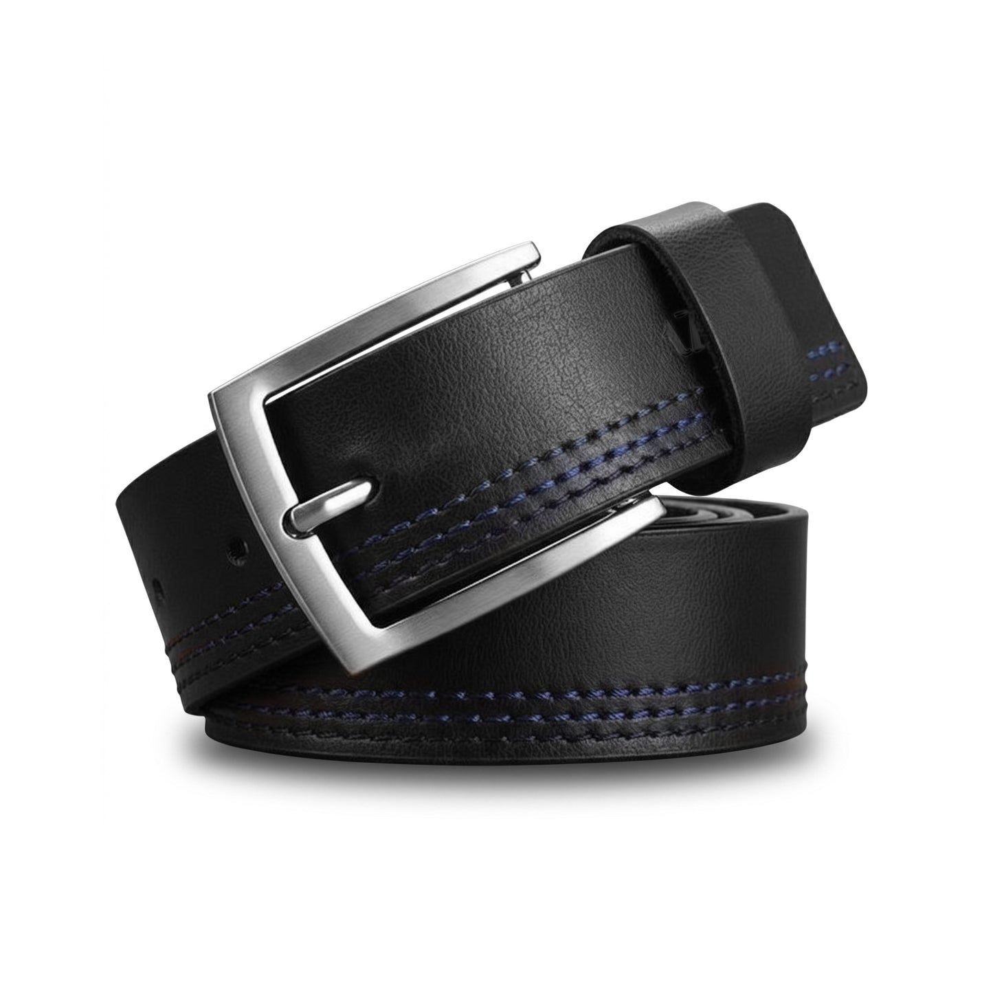 Black soft harness leather belt triple blue contrast stitching brushed silver buckle front view – TZARO