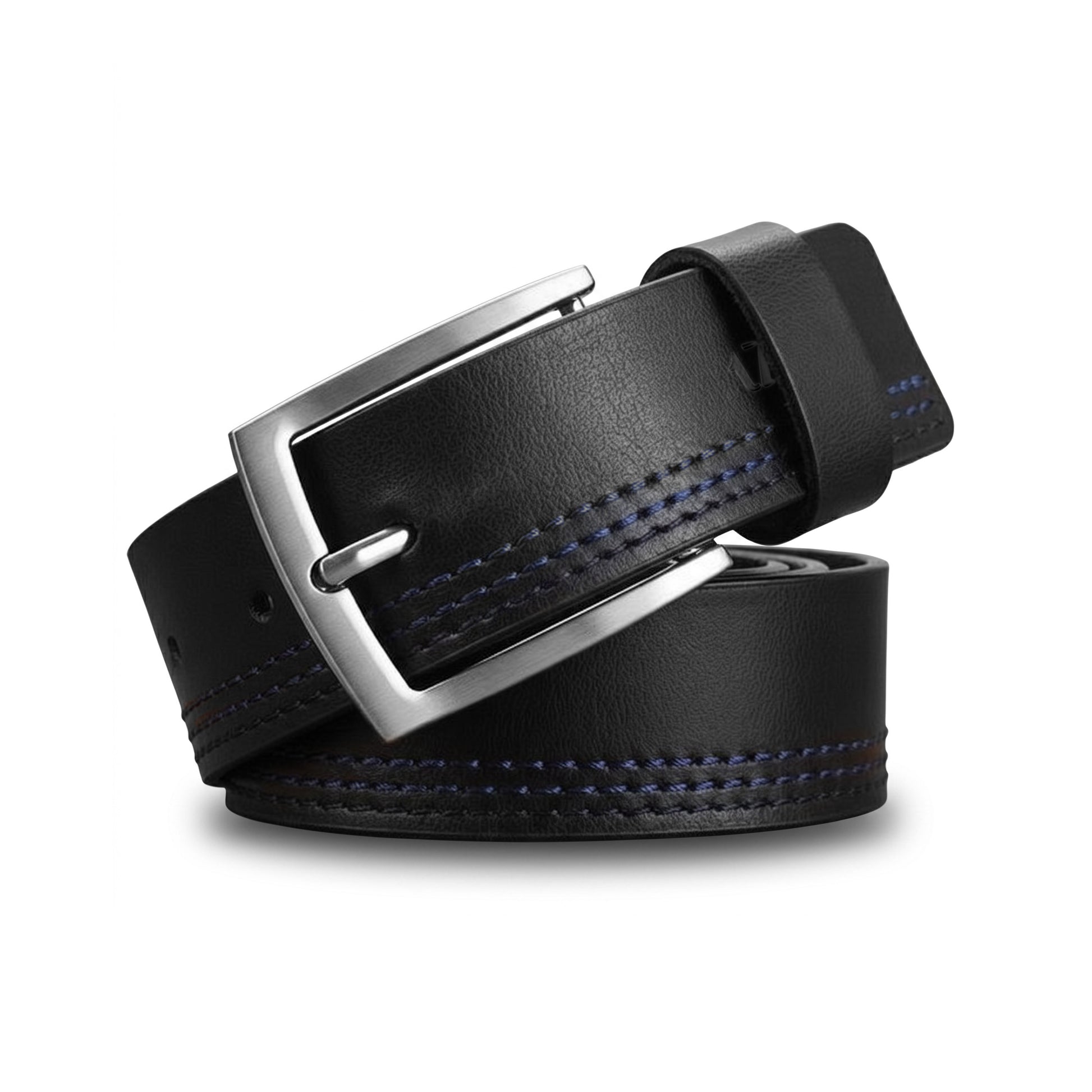 Black soft harness leather belt triple blue contrast stitching brushed silver buckle front view – TZARO
