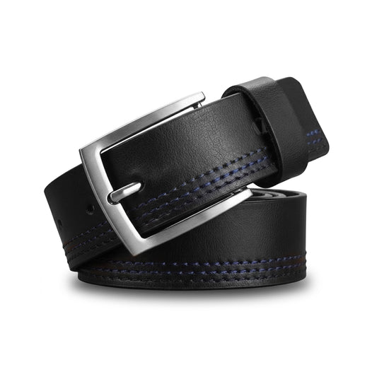 Genuine Leather Black Belt with Blue Stitching for Men, TZGLTRIP577 | TZARO