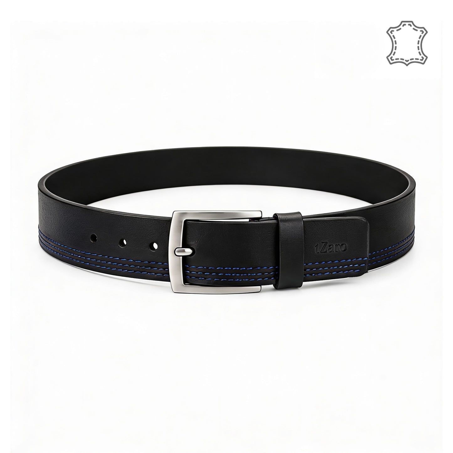 Black leather belt triple blue stitching coiled top view brushed silver buckle – TZARO